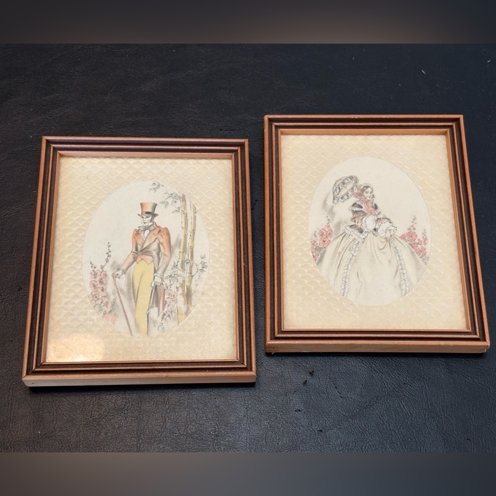 Vintage 1940s Buzza Company Mini Framed Prints - Victorian Man and Woman Pair